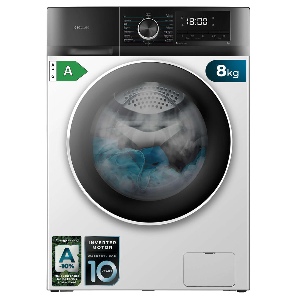 Cecotec Washing Machine 12 kg Front Load Bolero DressCode 12500 Inverter. 1400rpm, 16 Programs, Class A-20%, Low Consumption, Inverter Plus Motor, Steam, Pearl Drum, Delay Start, Drum Clean and Stop