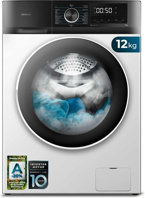 Cecotec Washing Machine 12 kg Front Load Bolero DressCode 12500 Inverter. 1400rpm, 16 Programs, Class A-20%, Low Consumption, Inverter Plus Motor, Steam, Pearl Drum, Delay Start, Drum Clean and Stop