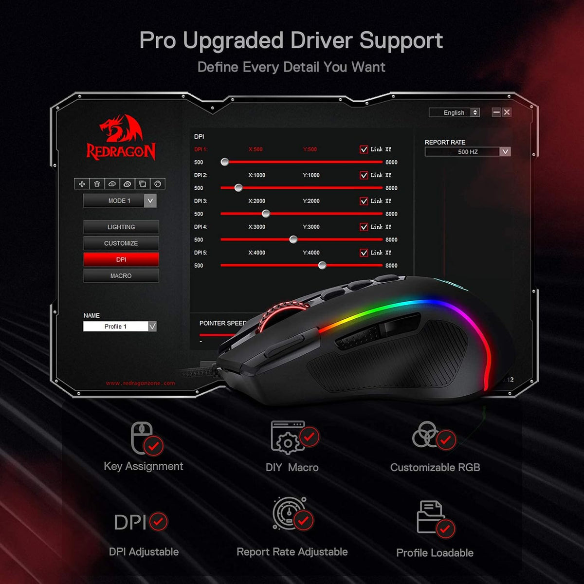 Redragon M612 Predator Gaming Mouse Wired RGB 8000 dpi Optical